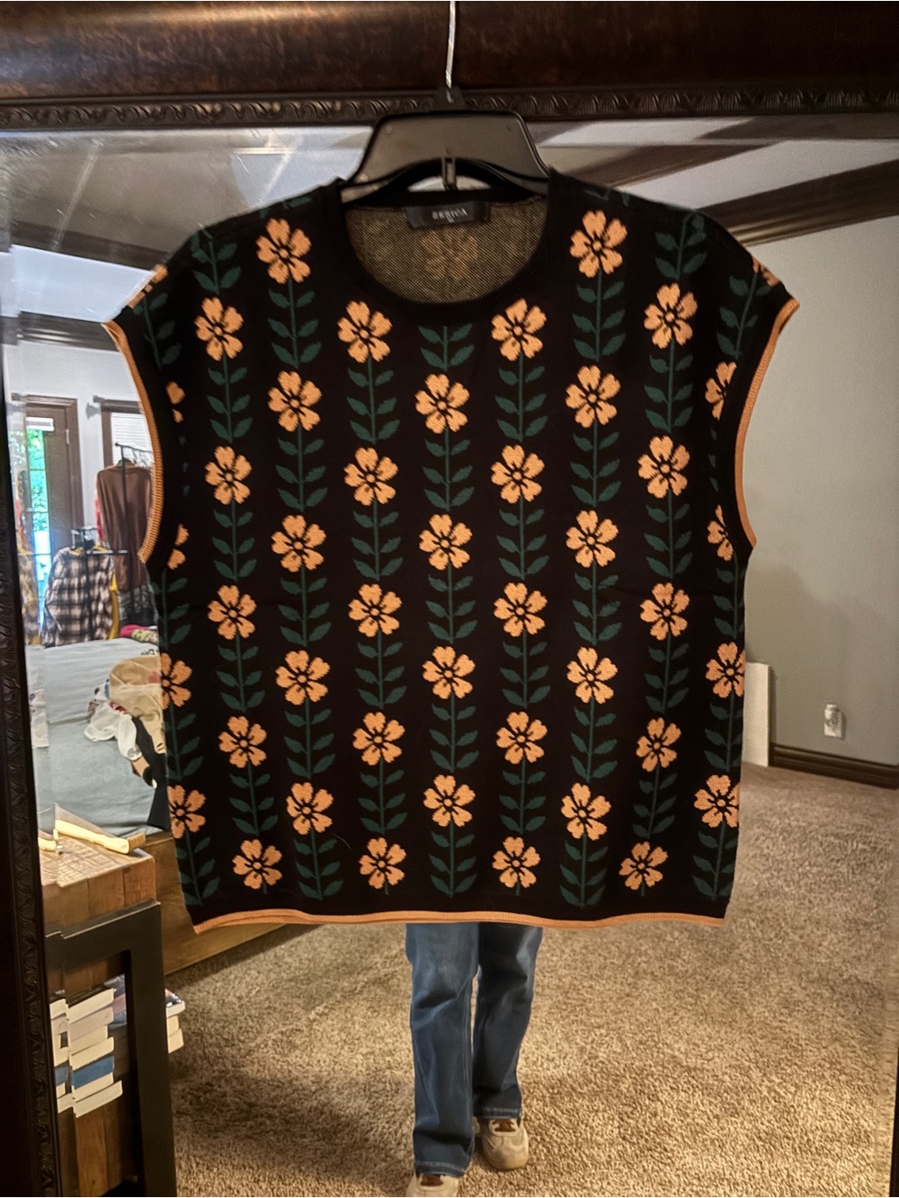 Sleeveless Black Floral Knit Sweater with Peach Flowers